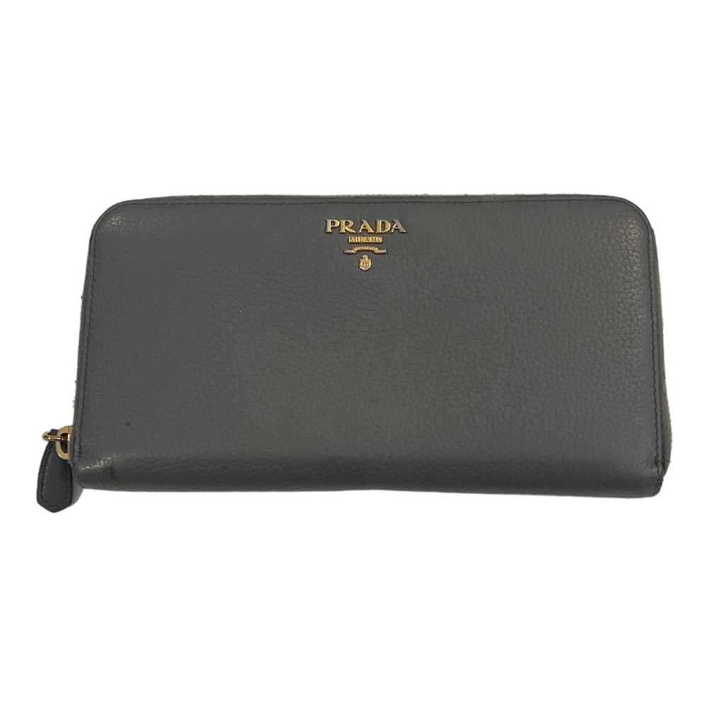 Prada Pebbled Leather Grey Zip Around Wallet